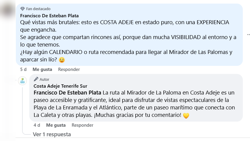 Captura de respuesta pública sobre el Mirador de La Paloma