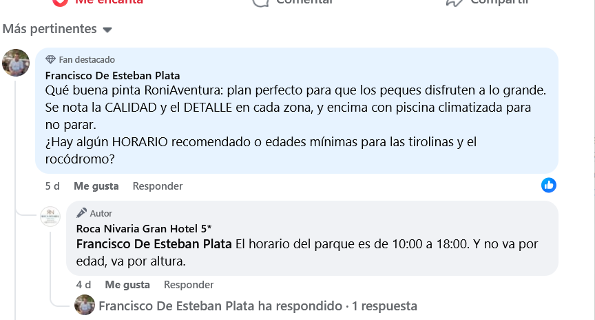 Captura de respuesta pública de Roca Nivaria Gran Hotel sobre RoniAventura
